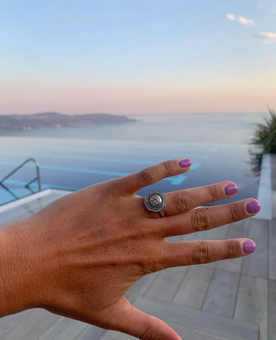 Art Deco Hexagonal ring in Platinum with Emeralds and Diamonds. Bespoke design by Jo Thorpe, at Thorpe & Brown Jewellers