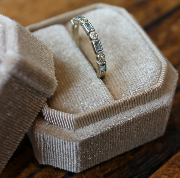 Aquamarine moissanite eternity ring commission bespoke jewellers burbage midlands