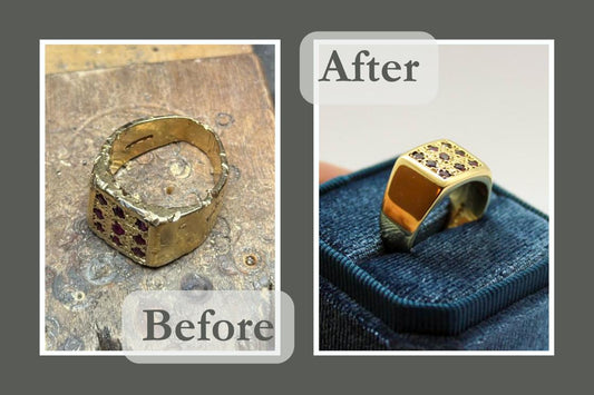 A before and after photo, before showing a damaged dented broken gold ring and the after is the 