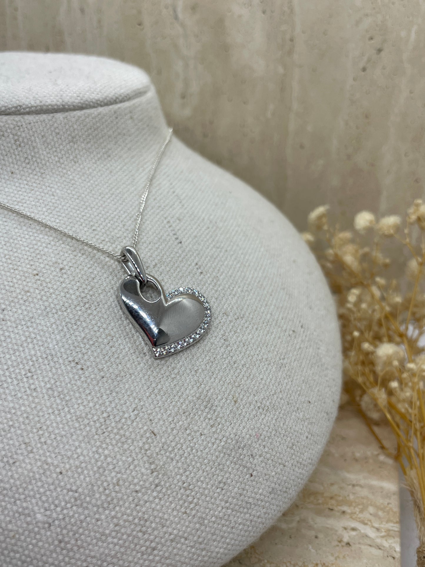 9ct White Gold Heart Pendant with Half Diamond Edge