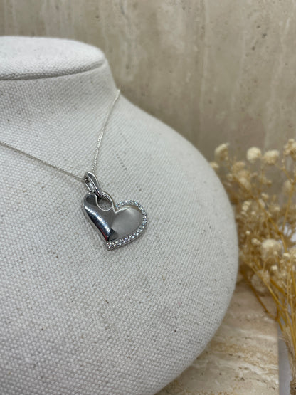 9ct White Gold Heart Pendant with Half Diamond Edge