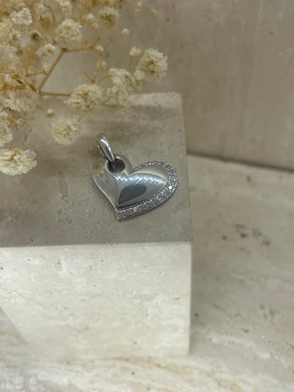 9ct White Gold Heart Pendant with Half Diamond Edge