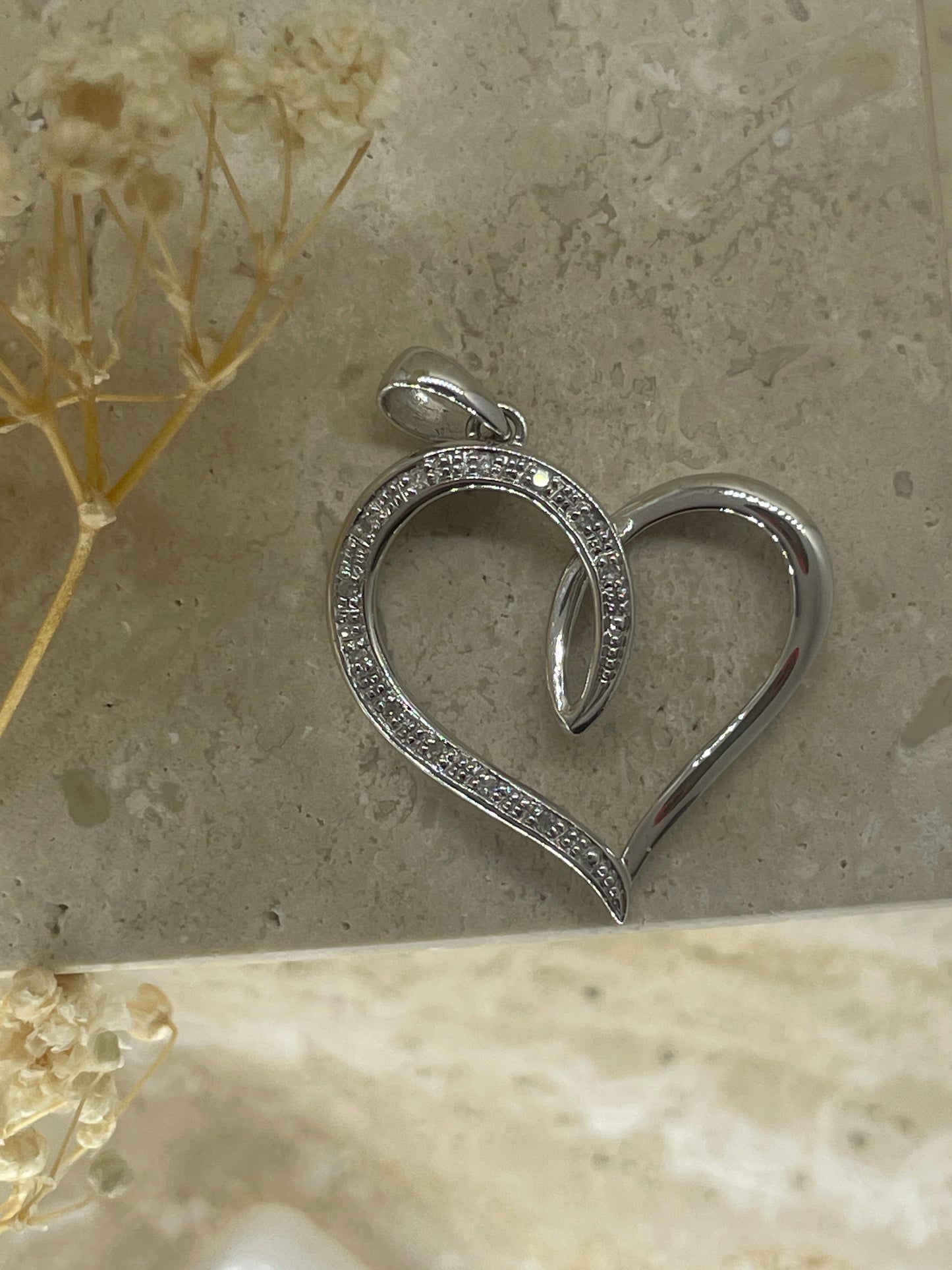 9ct White Gold Organic Open Heart Pendant with Diamond Detail