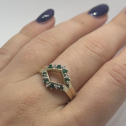 9ct Yellow Gold Diamond and Emerald Wishbone Ring