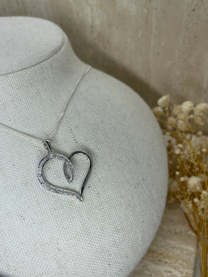 9ct White Gold Organic Open Heart Pendant with Diamond Detail