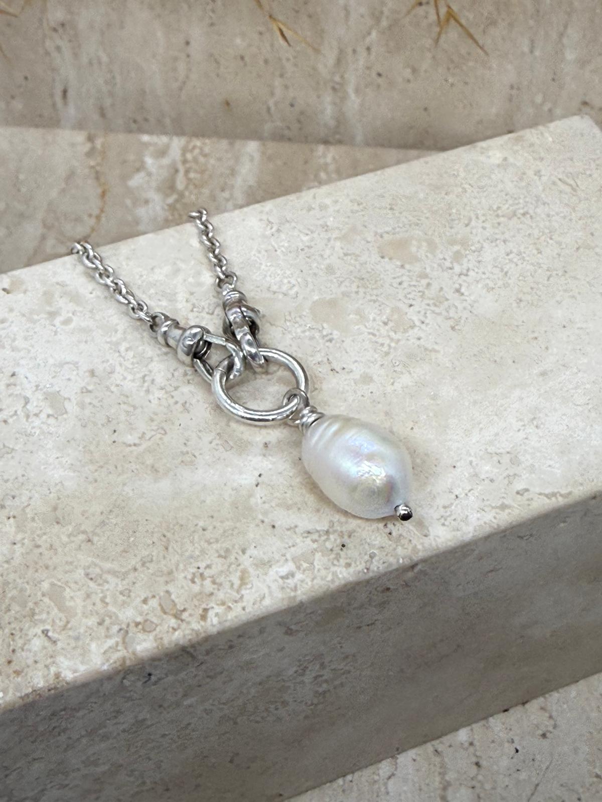 Sterling Silver Pearl Charm Necklace – 16" Chain