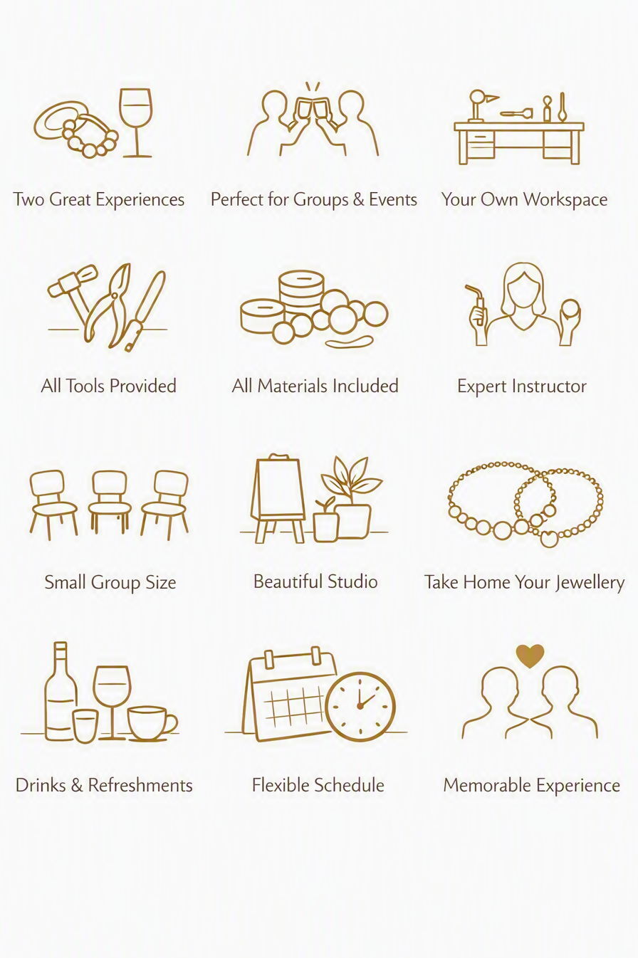 A promotional infographic on a white background with gold line icons and text describing event package benefits, including two great experiences, perfect for groups and events, your own workspace, all tools provided, all materials included, expert instructor, small group size, beautiful studio, take home your jewellery, drinks and refreshments, flexible schedule, and memorable experience. The top right says 'Made with AI'.