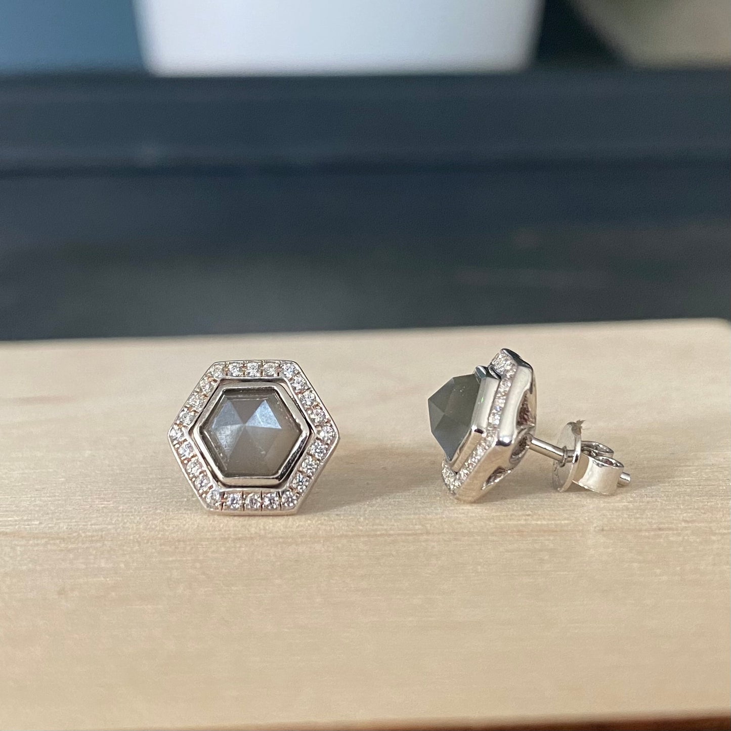 Hexagonal Grey Moonstone Harmony Earrings in Sterling Silver